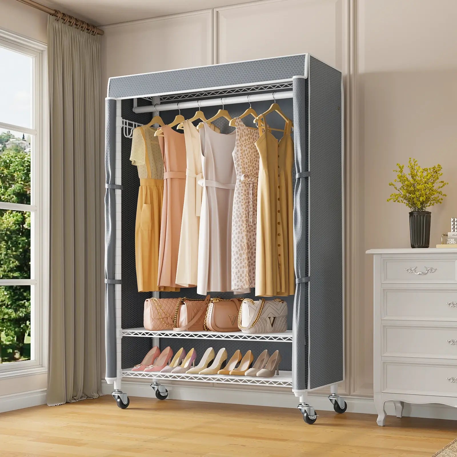 VIPEK R3C Rolling Clothes Rack, White Rack with Gray Cover